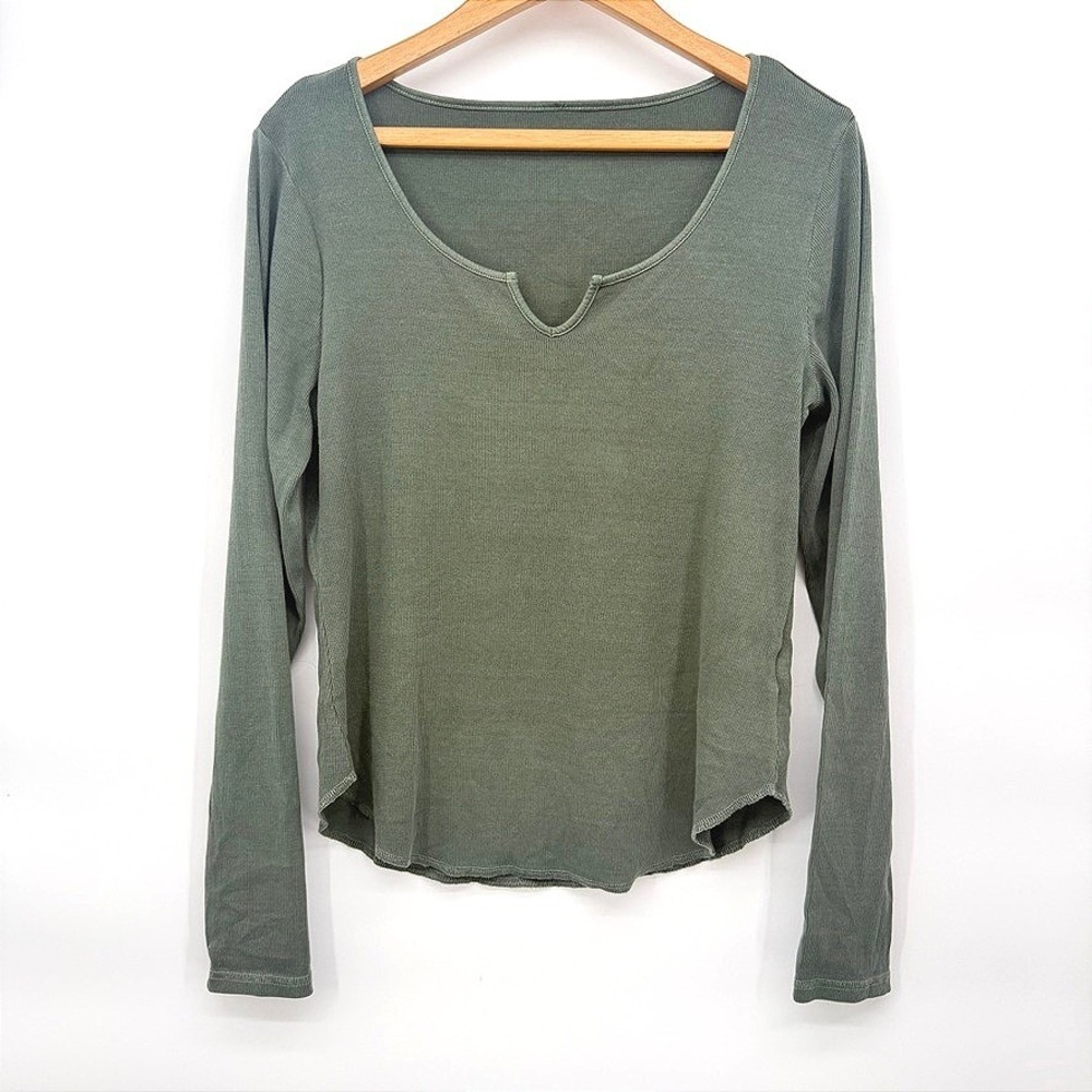 Old Navy Long Sleeve Top Notch Neck Ribbed Knit Green Casual Basic Base Sz Large